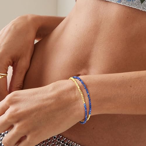 Fettero Beaded Bracelets for Women Charm Natural Stone Handmade Beads White Gold Plated Dainty Gold Bracelets Non Tarnish Boho Summer Beach Vacation Jewelry - color: Blue Lapis-Round