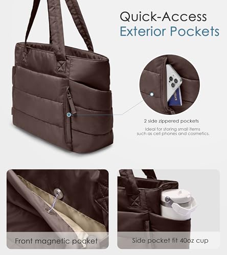 Tote Bag for Women with Zipper, Quilted Puffer Tote Bag with Compartments, Lightweight Puffy Work Bags for Women Travel - color: Dark Brown