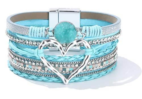 Long tiantian Leather Bracelets for Women Warp Bracelet Stackable Boho Layered Bracelet Chunky Heart Trendy Birthday Gifts for Her - color: B18:bracelet for woman