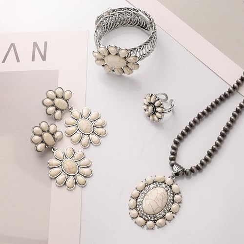 4 PCS Western Turquoise Jewelry for Women Boho Vintage Navajo Pearl Necklace Earring Bracelet Ring Set Country Cowgirl Accessories for Gift - color: A-White