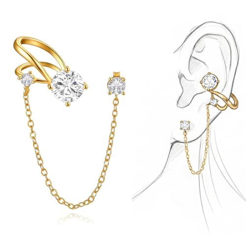 A Pair of 14K Gold Plated Chain Ear Cuff Earrings for Women - 316L Surgical Steel Post Hypoallergenic, Cubic Zirconia Crystal Tassel Drop Dangle Crawler, Non-Slip Cartilage Clip On Jewelry Gifts