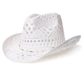 AQOKKA Straw Cowboy Hats for Women Men Western Cowgirl Hats with Shapeable Brim Woven Hollow Out Unisex Beach Roll Up Caps - color: Cowboy Hat : Solid White