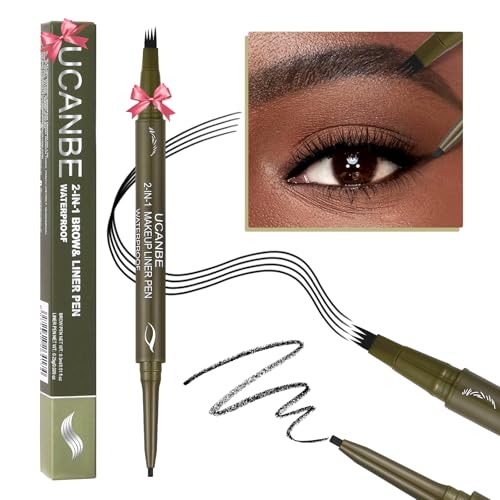 UCANBE Eyebrow Pen, Dual-Ended Eyebrow Pencil with 4-Fork-Tip & Gel Eyeliner for Women, Eye Brow Pen with Gel Eyeliner Pencil, Microblading Eyebrow Pencils with Hair Like Strokes, Soft Black - color: Soft Black