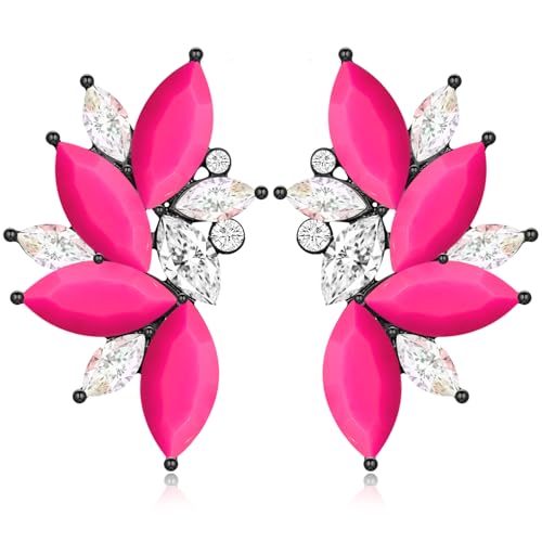 Bohemian Statement Sparkly Colourful Fancy Rhinestone Crystal Flower Dangle Drop Stud Earrings Vintage Wedding Bridal Prom Earrings for Women - color: Rose Red