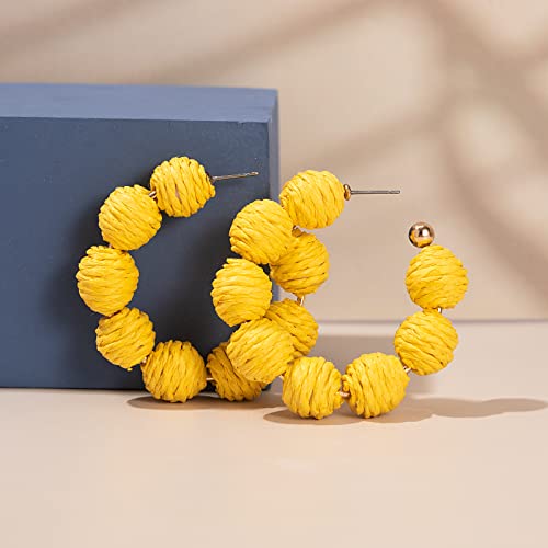 Raffia Hoop Earrings Statement Boho Beaded Earrings Cute Rattan Handmade Colorful Jewelry for Women Unique Summer Outfits - color: Yellow
