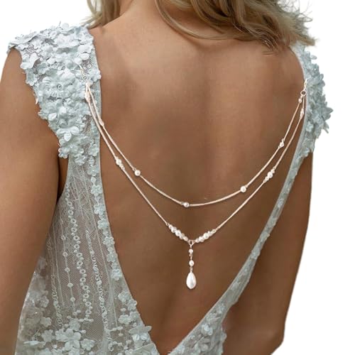 Layered Pearl Pendant Back Chain Necklace Bridal Wedding Pearl Backdrop Jewelry Summer Beach Crystal Backless Body Jewelry for Women Dress