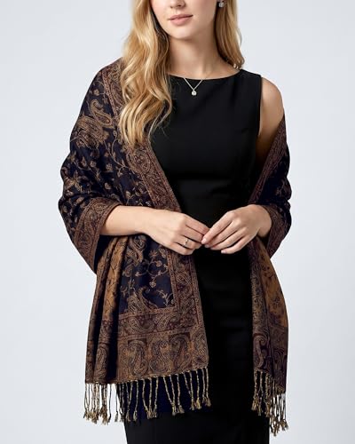 Achillea Reversible Paisley Pashmina Rave Scarf – Exotic Indian Shawls and Wraps for Evening Dresses, Festivals, All Seasons - color: Navy