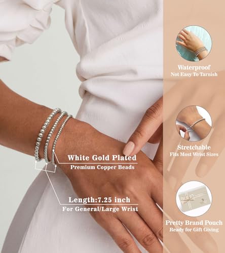 doubgood Gold Bracelets for Women, 5 Piece 14K Gold Plated Bracelet Stack Beaded Ball Jewelry Sets Gifts for Women - color: Style 4-Silver-7.25IN-(3+4+5mm)