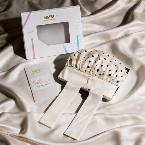 ZIMASILK 100% Mulberry Silk Bonnet for Sleeping Women Long Hair Double Layer Silk Hair Wrap with Tie Band Stay On Head (1Pc, Polka Dot) - color: Polka Dot