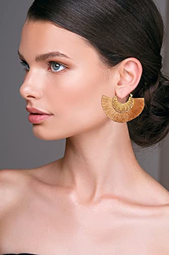 Tassel Hoop Earring Statement Thread Dangle Earrings Stylish Long Fringe Drop Earrings Lightweight Long Swingy French Hook Earrings for Women - color: B khaki
