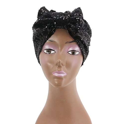 Erinaco Women Sparkle Sequin African Turban Bow Knot Pre-Tied Cap Pleated Ruffle Bonnet Beanie Hat Headwrap Skull Caps - color: Black Sequin