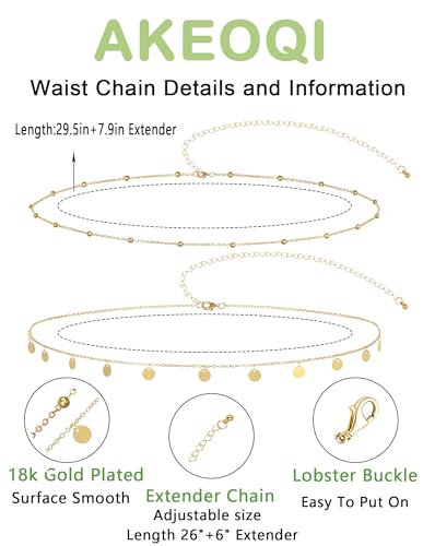 Akeoqi 2Pcs Waist Chain 18K Gold Plated Belly Belt Chains Sexy Layered Summer Beach Bikini Body Chain Satellite Beaded Pearl Coin Beads Wave Belly Jewelry Accessories for Women Adjustable - style: Coin
