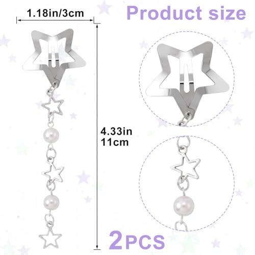 Pndeyo 2pcs Star Tassels Hair Clips for Women, Non-Slip 2000s Y2K Hair Snap Barrettes with White Bead, Cute Star Beaded Pendant Hair Pin Accessories for Braid Long Short Thin Thick Hair- Silver - color: Silver-2pcs-B Style