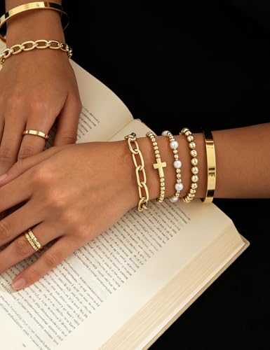 Gold Beaded Bracelets for Women, 14K Real Gold Plated Jewelry for Women Dainty Pearl Bead Bracelets Stack, Non Tarnish Trendy Stackable Ball Cross Stretch Bracelet Set Fashion Accessories Gifts - color: Gold cross bead chain bangle
