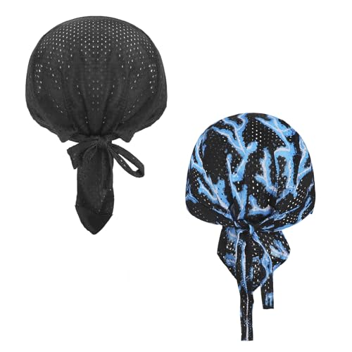 PURFUN Men Women Breathable Cycling Bandana Headscarf Adjustable Sweat Wicking Quick Dry Mesh Head Scarf Wrap Liner Skull Cap - color: 2pcs/Black+blue