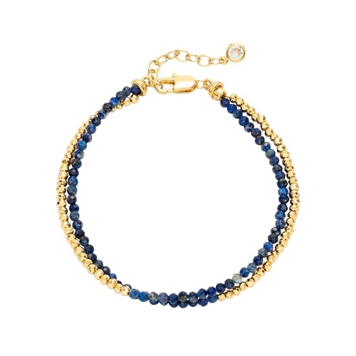 Fettero Beaded Bracelets for Women Charm Natural Stone Handmade Beads White Gold Plated Dainty Gold Bracelets Non Tarnish Boho Summer Beach Vacation Jewelry - color: Blue Lapis-Round