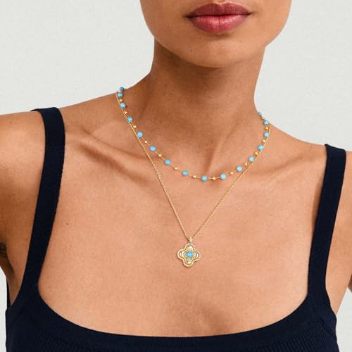 Created Turquoise Necklace for Women 14K Gold Plated Beaded Heart Choker Boho Necklaces Handmade Beach Summer Everyday Western Jewelry Gifts - color: Gold Chain, style: Two-Toned Beaded