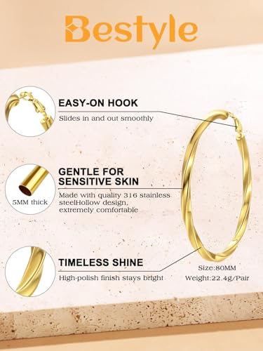 Bestyle 5mm Thick Gold Hoop Earrings Hypoallergenic Hoops for Sensitive Ears Trendy Lightweight Chunky Earrings for Women 30/40/60/80mm - color: 02-Gold, size: 80mm