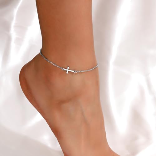 Cross Anklets for Women, 18K Gold Plated Dainty Ankle Bracelets with Colorful Beads Pearl Anklet, Adjustable Religious Christian Satellite Cross Chain, Waterproof Boho Summer Beach Jewelry - style: Satellite Cross-White Gold