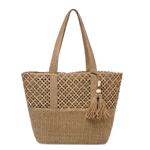 YAMEIZE Straw Woven Beach Shoulder Bags for Women Big Foldable Straw Tote bag Lightweight Raffia Bag with Zipper Summer - color: Khaki