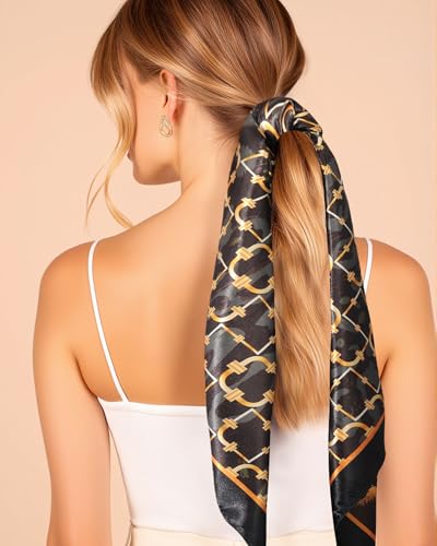 AWAYTR 35” Square Satin Head Scarf Hair Scarf for Women's Hair Silk Bandana for Women Silk Head Wrap for Sleeping - color: Cashew Print (Leopard Color)