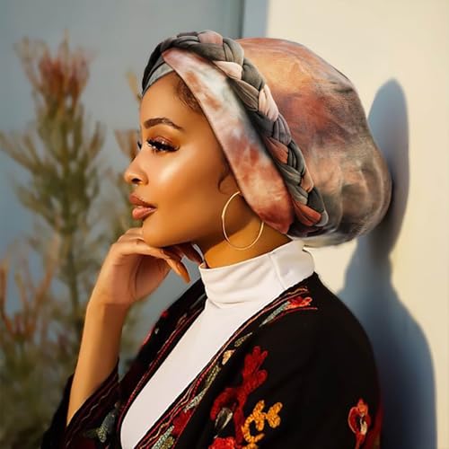 DRESHOW Turban Pre-Tied Twisted Hat Thread African Head Wraps for Black Women Chemo Cancer Cap Braid Hair Cover - color: 1 Pack Tie-dye Gradient: Khaki