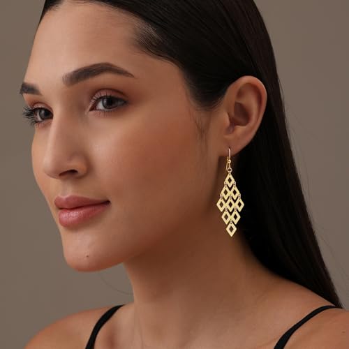 LeCalla Sterling Silver Dangle Earrings for Women | 925 Sterling Silver Long Interlocked Handmade Textured Drop Earring for Women - color: Gold-Plated Chandelier