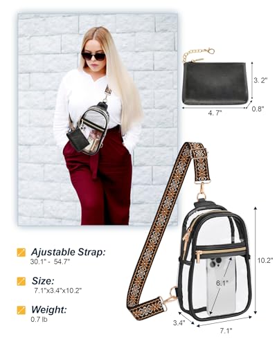 PACKISM Clear Sling Bag Stadium Approved - Clear Bag for Stadium Events & Holographic Bag for Music Festivals Jacquard Strap - color: Upgraded Black+pouch