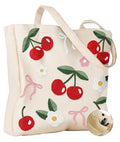 Miss Adola Embroidery Tote Bag with Pocket & Buckle - Reusable Canvas Tote for Women Cute Aesthetic Work Shopping Grocery Bag - style: Cherry