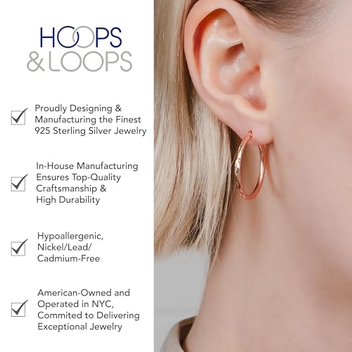 Hoops & Loops 925 Sterling Silver Diamond-Cut Hoop Earrings for Women, 2mm Textured Lightweight Click Top Hoops, 15mm 20mm 25mm 30mm, Silver 14k Yellow Gold & Rose Gold Flash Plated - color: Rose Gold - 25mm (1'')