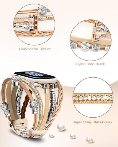 Compatible with Apple Watch Band 40mm for Women, Boho Bracelet for Apple Watch 38mm 41mm, Multilayer Leather Wrap Braided Strap for iWatch Series 11/10(42mm)/9/8/7/6/5/4/3/2/1/SE - color: A-Rose Gold, size: 42(series 11/10)/41/40/38mm
