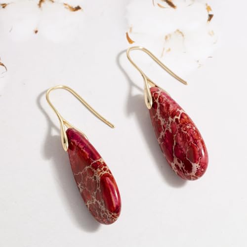 SELOVO Stone Fishhook Dangle Drop Earrings Statement Earrings for Women Stone - color: Red-Gold Color Hook