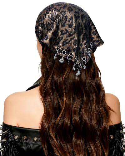 Punk Triangle Head Scarf with Metal Charms - Y2K Sparkly Bandana for Women | Vintage Neck Scarf for Festival Party Concert - color: Leopard Black and Gold