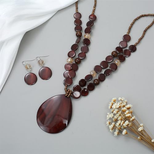Big Teardrop Pendant Necklaces for Women Colorful Beaded Necklaces Statement Set for Holiday. - color: Brown
