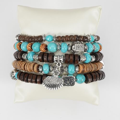COLORFUL BLING Boho Turquoise Wooden Beaded Stretch Bracelets Stackable Turtle Butterfly Elephant Shell Heart Charms Bracelet for Women Men Western Jewelry Gifts - style: Set 4