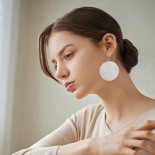 Anmpab Boho Large Disc Earrings for Women Vintage Geometric Hammered Round Circle Drop Dangle Earrings Statement Jewelry - color: Silver
