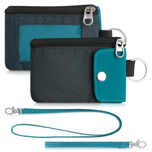 Artpaxy Minimalist Wallet For Mens Womens, Keychain RFID Blocking Zipper Small Wallet with ID Window 2 Lanyards,Water Resistant Travel Cash Card Coin Case Boys Girls - color: Dark grey+Blue green, style: Casual