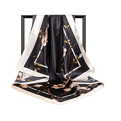 DRESHOW 35” Large Square Satin Head Scarf - 4Pcs Silk Accessories Classic Patterned Squares Beach Bandanas for Women - color: 4 Pcs: White, Orange, Black, Blue