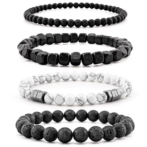 Men’s Hematite Bracelet Set Boho Multi - Tiger Eye/Matte Agate/Lava Rock Gifts for Birthday/Anniversary/Christmas - color: F01 Howlite