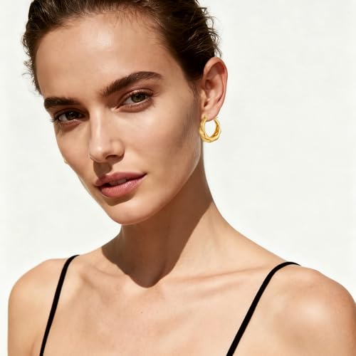 Hoop Earrings for Women 14K Gold Plated Thick Chunky Hoops Hypoallergenic Trendy Dainty Jewelry Gifts - style: Texture Hoop