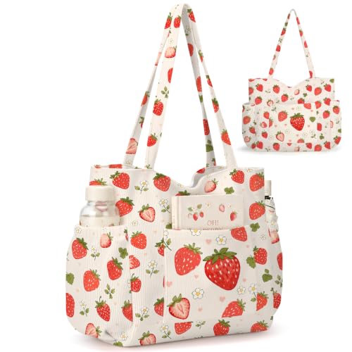 Corduroy Tote Bag for Women,Large Capacity Cute Tote Bags With 6 Pockets,Crossbody Shoulder Handbag for Work Travel Gym - color: Watercolor Strawberry