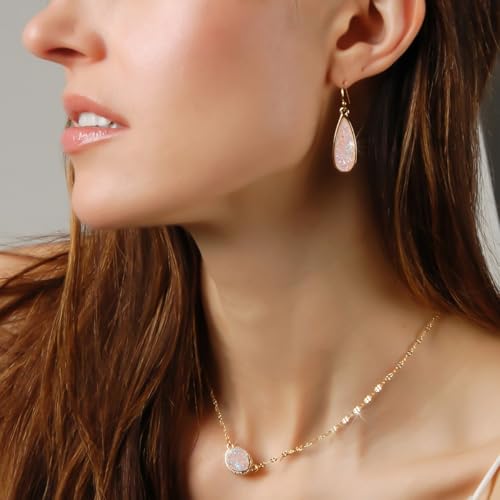 Teardrop Dangle Earrings for Women with Simulated Druzy Stones, in Gold or Rose Gold Tone - color: Gold - Created Rose Quartz