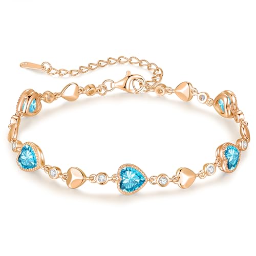 925 Sterling Silver Birthstone Heart Bracelet Jewelry Gift for Women | Rose Gold Plated Bracelets,Hypoallergenic,Adjustable Chain Personalized Anniversary Christmas Jewelry Gift for Mom Wife - color: Rose Gold-12-Dec