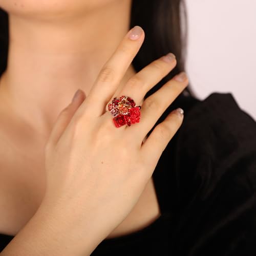 Jumwrit Shiny Crystal Flower Ring Statement Adjustable Open Band Wrap Finger Ring Square Rhinestone Floral Cocktail Ring Party Bridal Wedding Jewelry Vintage Boho Knuckle Ring for Women - color: Red