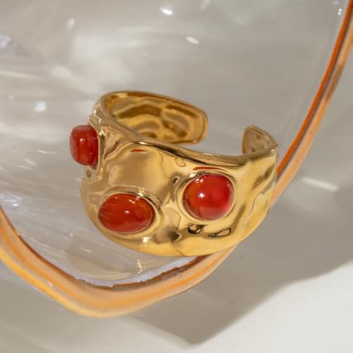 Boho Red Heart Gold Band Rings Pearl Ring, Dainty Adjustable Statement Rings, Open Wrap Stackable Finger Ring Gold Fashion Jewelry Gifts for Women - color: Gold Solid Ring - Red Heart