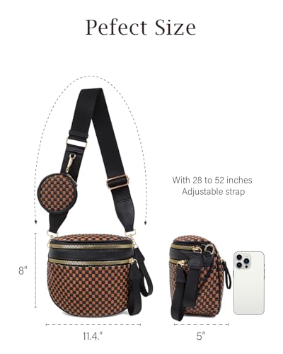 Valentoria Large Woven Leather Crossbody Bags for Women Checkered Bum Bag Sling Bag Purse Adjustable Strap Detachable Wallet | Woven - color: Black&brown Checkered