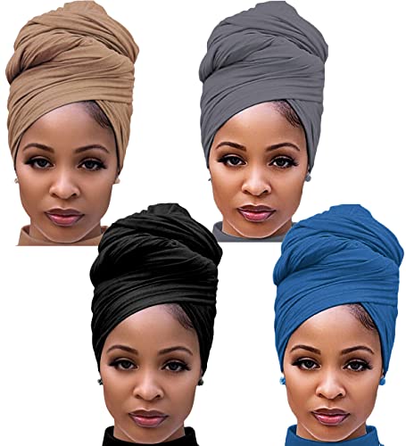 Harewom Head Wraps for Black Women Stretch Head Scarf Long African Hair Wraps Turban Headwraps Jersey Headbands - color: 4pcs-black&camel&denim_blue&dark_grey