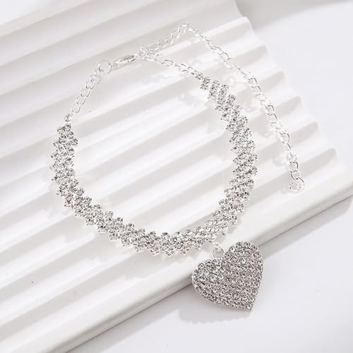 KaFu Heart Rhinestone Ankle Bracelets for Women, Adjustable Silver Shiny Tennis Anklets, Twinkle Cubic Zircon Diamond Anklet Foot Chain Beach Summer Jewelry Gifts - color: silver-1