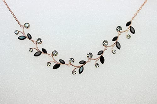 Faship Gorgeous Rhinestone Crystal Floral Necklace Earrings Set - color: Black / Rose gold plated