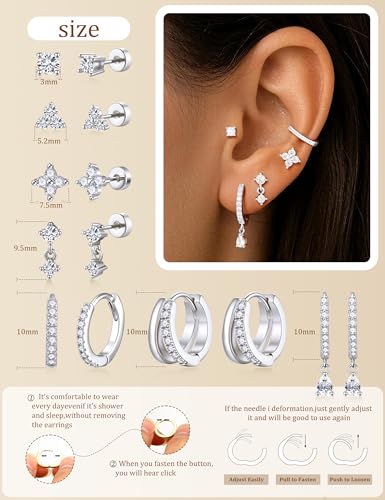 M MOOHAM Flat Back Earring Stacks for Women, Hypoallergenic 14k Real Gold Plated Hoop Stud Cartilage Earrings Stack Set Small Cute Helix Huggie Hoop Drop Earrings Trendy Jewelry Gifts for Women - color: Silver-Plated